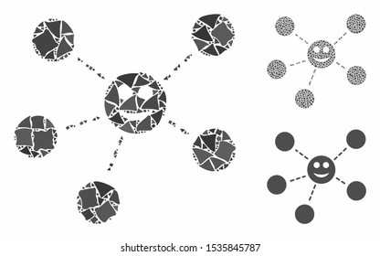 Smile network composition of tuberous elements in variable sizes and color tints, based on smile network icon. Vector tuberous elements are grouped into illustration.