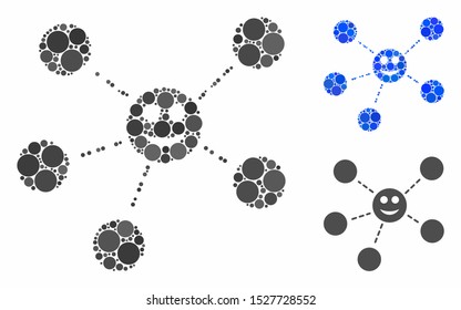 Smile network mosaic of small circles in variable sizes and color tones, based on smile network icon. Vector small circles are grouped into blue mosaic.