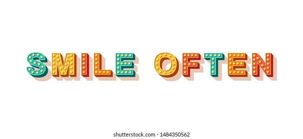 Smile often. Motivational poster design, retro font colorful typography. Text lettering, inspirational positive saying. Quote typographic template, vector illustration.