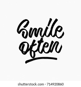 Smile often quote. Ink hand lettering. Modern brush calligraphy. Handwritten phrase. Inspiration graphic design typography element. Cute simple vector sign.