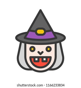 smile old witch and witch hat icon, halloween character, editable stroke design