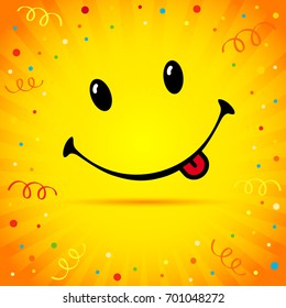 Smile on confetti and ribbon yellow card. Smiling with tongue on yellow rays vector background. World Smile Day banner