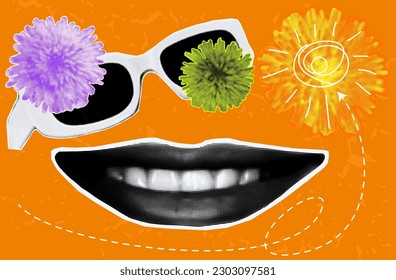 Smile on female lips, halftone art collage. Good mood, positive emotion, bright sunny day, banner, vector background. Modern collage with a happy smile, poster, advertisement of a good, summer mood.