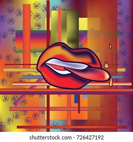 Smile on the lips. Tongue catches drops. Fantasy. Background with various geometric shapes.