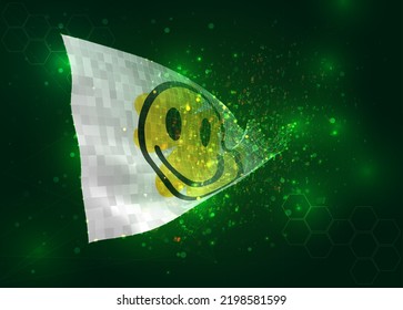 Smile, on vector 3d flag on green background with polygons and data numbers