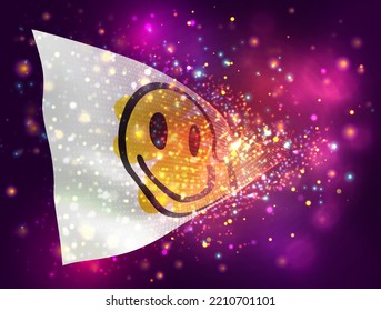 Sonrisa, sobre la bandera vectorial 3d sobre fondo púrpura rosa con iluminación y bengalas