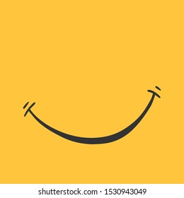 Smile on yellow background. Cute emotion in cartoon style. Good mood, happiness doodle. Vector image.