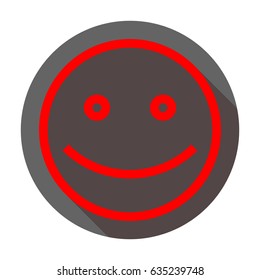 Smile with opened eyes. Vector. Red icon with reddish shadow on dark gray circle at white background. Isolated.