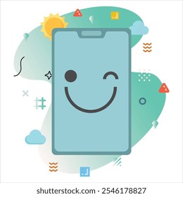 Smile Optimistic Emoji Expression on Smartphone Screen - Cheerful Digital Illustration with White Background and Abstract Shapes | Smile Optimistic emoji icon design on smartphone screen