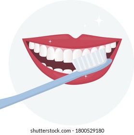 the smile of a person with his mouth wide open and white healthy teeth with a toothbrush. How to brush your teeth properly.  Daily oral hygiene. poster for dental design. Flat illustration