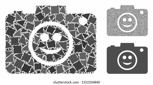 Smile photo camera composition of raggy elements in different sizes and color tints, based on smile photo camera icon. Vector trembly elements are grouped into collage.