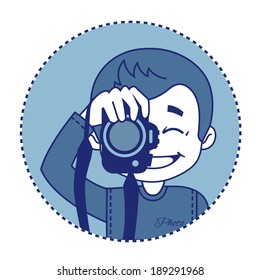 Smile photographer with camera. Vector character