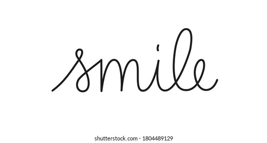 Smile phrase handwritten by one line. Mono line vector text element isolated on white background.