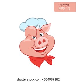 Smile Pig Chef Head Cartoon Vector Illustration. Pig cook character on a white background. BBQ theme.
