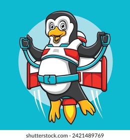 Smile Pinguin Mascot Vector Design with Rockets Cartoon Illustration