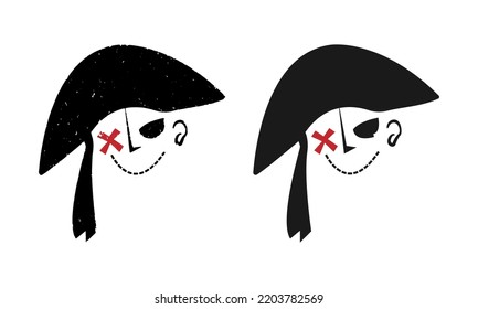 Smile Pirate Logo With 2different Style Drawing Minimal And Grunge Textured. Pirate Logo Concept Made With X Marking Treasure Map As Eye Patch. Design For Print, Clothing, Poster, Logo, T Shirt, Etc.