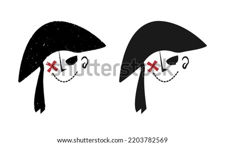 Smile pirate logo with 2different style drawing minimal and grunge textured. Pirate logo concept made with X marking treasure map as eye patch. Design for print, clothing, poster, logo, t shirt, etc.