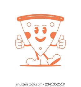 Smile pizza triangle piece cute character comic cartoon mascot retro 30s animation style line art icon vector illustration. Funny cheerful fast food emoticon showing cool thumbs up artwork logo