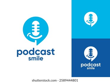 smile with podcast logo. people happy talk studio vector graphic design