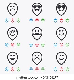 Smile pointers icons. Happy, sad and wink faces signs. Sunglasses, mustache and laughing lol smiley symbols. Flat black, red, blue and green icons.