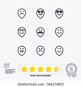 Smile pointers icons. Happy, sad and wink faces signs. Sunglasses, mustache and laughing lol smiley symbols. Star vote ranking. Award achievement and quotes.