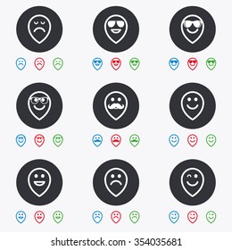 Smile pointers icons. Happy, sad and wink faces signs. Sunglasses, mustache and laughing lol smiley symbols. Flat circle buttons with icons.