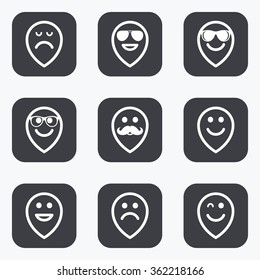 Smile pointers icons. Happy, sad and wink faces signs. Sunglasses, mustache and laughing lol smiley symbols. Flat square buttons with rounded corners.