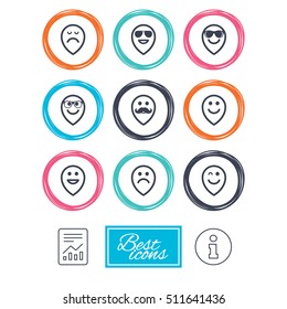 Smile pointers icons. Happy, sad and wink faces signs. Sunglasses, mustache and laughing lol smiley symbols. Report document, information icons. Vector