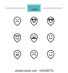 Smile pointers icons. Happy, sad and wink faces signs. Sunglasses, mustache and laughing lol smiley symbols. Black flat icons. Classic design. Vector