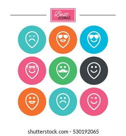 Smile pointers icons. Happy, sad and wink faces signs. Sunglasses, mustache and laughing lol smiley symbols. Colorful flat buttons with icons. Vector