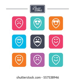 Smile pointers icons. Happy, sad and wink faces signs. Sunglasses, mustache and laughing lol smiley symbols. Colorful flat square buttons with icons. Vector