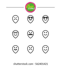 Smile pointers icons. Happy, sad and wink faces signs. Sunglasses, mustache and laughing lol smiley symbols. Classic simple flat icons. Vector