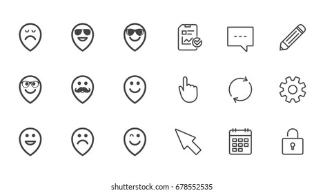Smile pointers icons. Happy, sad and wink faces signs. Sunglasses, mustache and laughing lol smiley symbols. Chat, Report and Calendar line signs. Service, Pencil and Locker icons. Vector