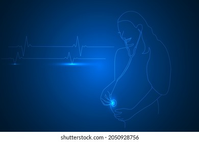 Smile pregnant woman listening her baby heartbeat in her belly. pregnancy's woman technology abstract background.