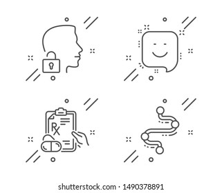 Smile, Prescription drugs and Unlock system line icons set. Timeline sign. Positive feedback, Pills, Access granted. Journey path. Business set. Line smile outline icon. Vector