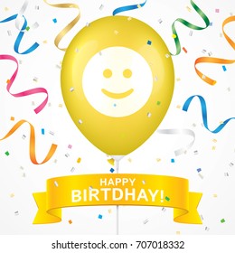 Smile printed yellow ballon with ribbon and colorfull confetti on a white background. Birthday greeting card vector design.