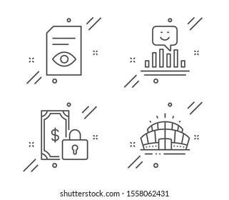 Smile, Private payment and View document line icons set. Arena stadium sign. Positive feedback, Secure finance, Open file. Sport complex. Business set. Line smile outline icon. Vector