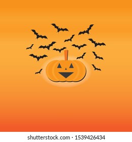 smile pumpkin halloween and bat flying around the pumpkin in orange background. illustration vector