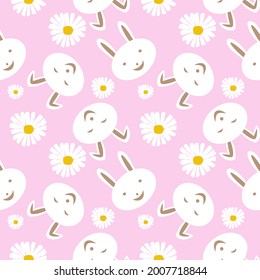 Smile rabbit and daisy seamless pattern on pink background vector illustration, fashion,fabric,wallpaper and all prints