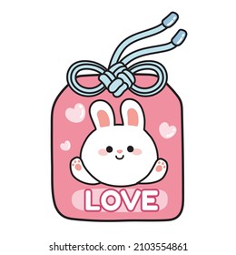 Smile rabbit greeting with love text on japanese omamori pink bag.Traditional.Animal character design.Valentine's day.Kawaii.Vector.Illustration.