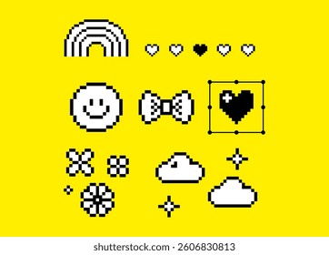 Smile, rainbow, bow, flower and funny game elements on a yellow color background. Y2k inspired retro pixel art vector illustration. Mood of 90s pattern. Trendy digital 8 bit collage sticker, banner