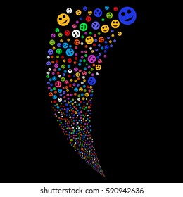Smile random fireworks stream. Vector illustration style is flat bright multicolored iconic symbols on a black background. Object fountain organized from scattered design elements.