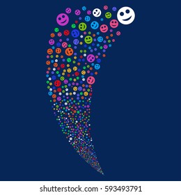 Smile random fireworks stream. Vector illustration style is flat bright multicolored iconic symbols on a blue background. Object fountain done from scattered pictographs.