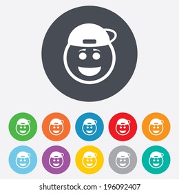 Smile rapper face sign icon. Happy smiley with hairstyle chat symbol. Round colourful 11 buttons. Vector