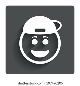 Smile rapper face sign icon. Happy smiley with hairstyle chat symbol. Gray flat button with shadow. Modern UI website navigation. Vector