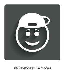 Smile rapper face sign icon. Happy smiley with hairstyle chat symbol. Gray flat button with shadow. Modern UI website navigation. Vector