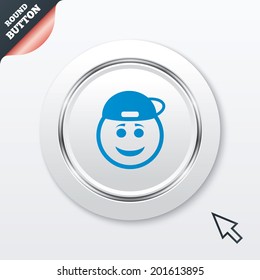 Smile rapper face sign icon. Happy smiley with hairstyle chat symbol. White button with metallic line. Modern UI website button with mouse cursor pointer. Vector