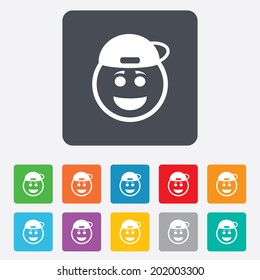 Smile rapper face sign icon. Happy smiley with hairstyle chat symbol. Rounded squares 11 buttons. Vector