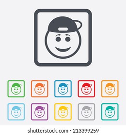 Smile rapper face sign icon. Happy smiley with hairstyle chat symbol. Round squares buttons with frame. Vector