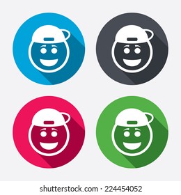 Smile rapper face sign icon. Happy smiley with hairstyle chat symbol. Circle buttons with long shadow. 4 icons set. Vector